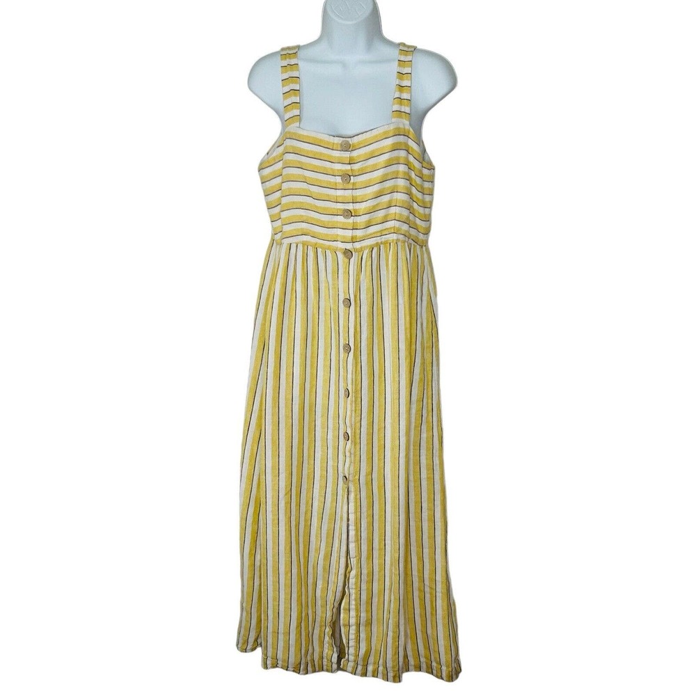 Rachel Zoe Linen Midi Dress Size 6 Yellow Stripes Sundress Straps Buttons